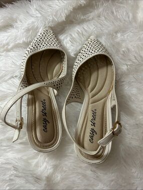 easy street Cream Perforated Pointed-Toe Slingback Flats